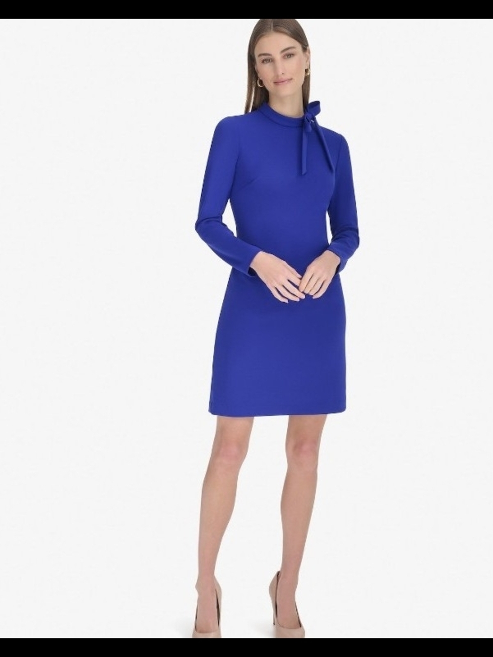 Andrew Marc Cobalt Blue Long-Sleeve Bow-Neck Shift Dress